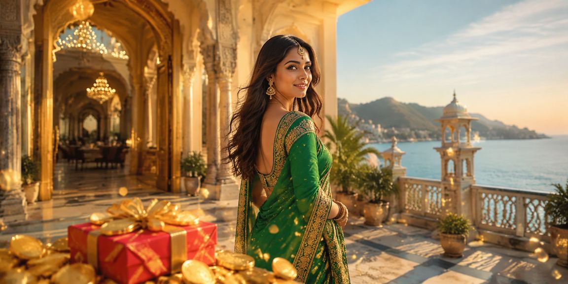 Indian woman celebrating with red bonus envelope